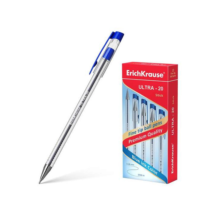 Erichkrause Boligrafo Ultra-20 - Punta Metalica de Tipo Aguja - Cuerpo Redondo Transparente con Grip - Tinta de Baja Viscosidad