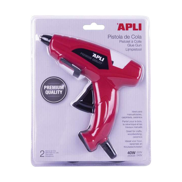 Apli Pistola de Cola Termofusible 40W para Barras de Ø11mm - Incluye 2 Barras de Cola de Ø11mm x 10cm - Color Rojo