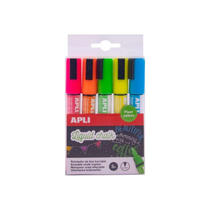 Apli Pack de 5 Rotuladores de Tiza Liquida Punta Redonda - Punta 5.5 mm - Secado Rapido - Colores Surtidos