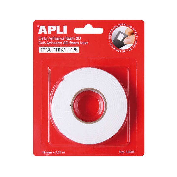 Apli Cinta Adhesiva Doble Cara Foam 3D 19mm x 2.28m - Adhesion Fuerte y Duradera - Ideal para Manualidades y Decoracion - Color