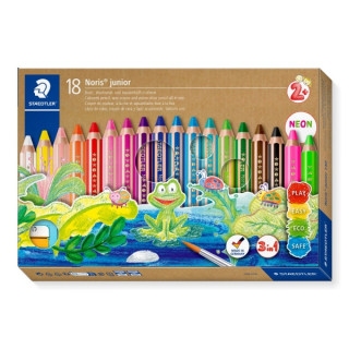 Staedtler Noris Junior Pack de 18 Lapices de Colores Extragruesos + Sacapuntas + Pincel - 3 en 1