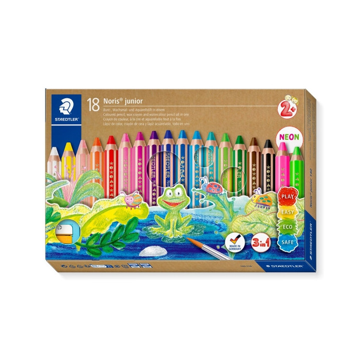 Staedtler Noris Junior Pack de 18 Lapices de Colores Extragruesos + Sacapuntas + Pincel - 3 en 1