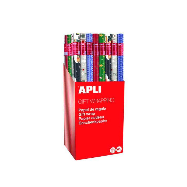 Apli Expositor de 55 Rollos de Papel Regalo Navidad - 11 Rollos por Color - Medidas del Rollo 0.70x2m - 5 Diseños