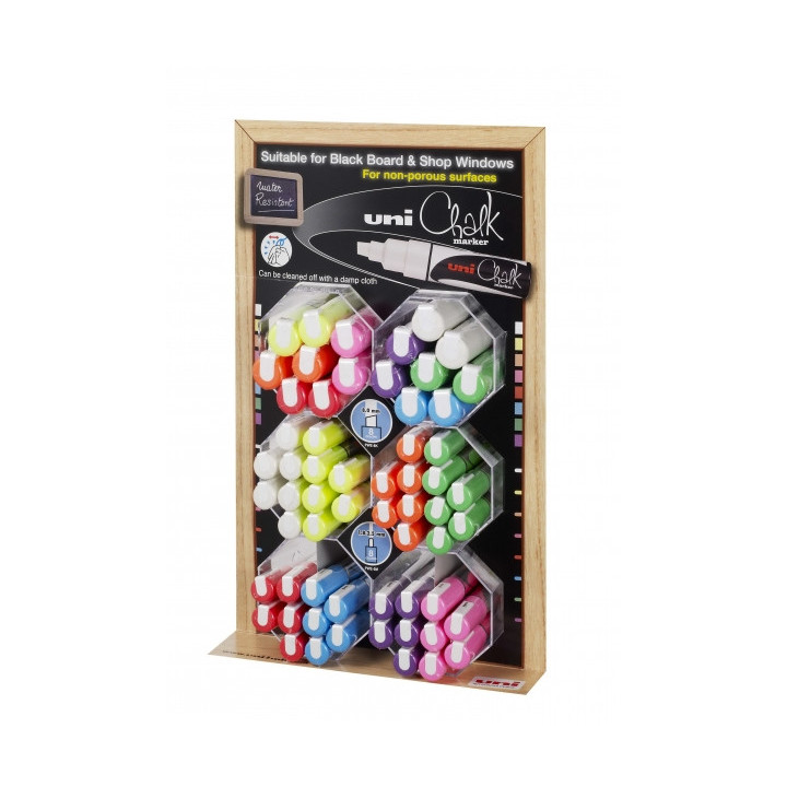 Uni-ball PWE-5M/8K Expositor de 60 Marcadores de Tiza Liquida - Punta Biselada 8mm - Borrado en Humedo - Resistente a la Lluvia