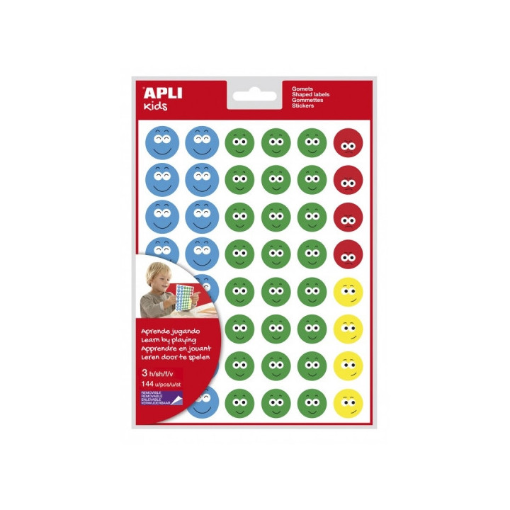 Apli Bolsa de Gomets Cara Feliz II - Adhesivo Removible - 144 Gomets - 4 Estilos de Caras - Fomenta Expresion Emocional - Alta