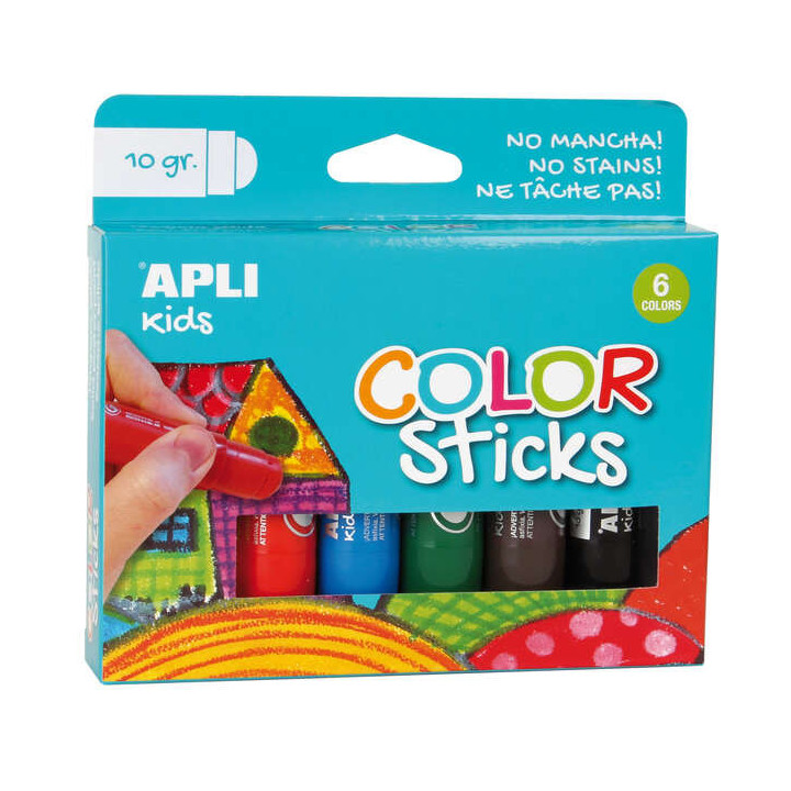 Apli Color Sticks Temperas Solidas - Pack de 6 Unidades de 10g - Acabado Satinado sin Necesidad de Barniz - Secado Rapido en Me