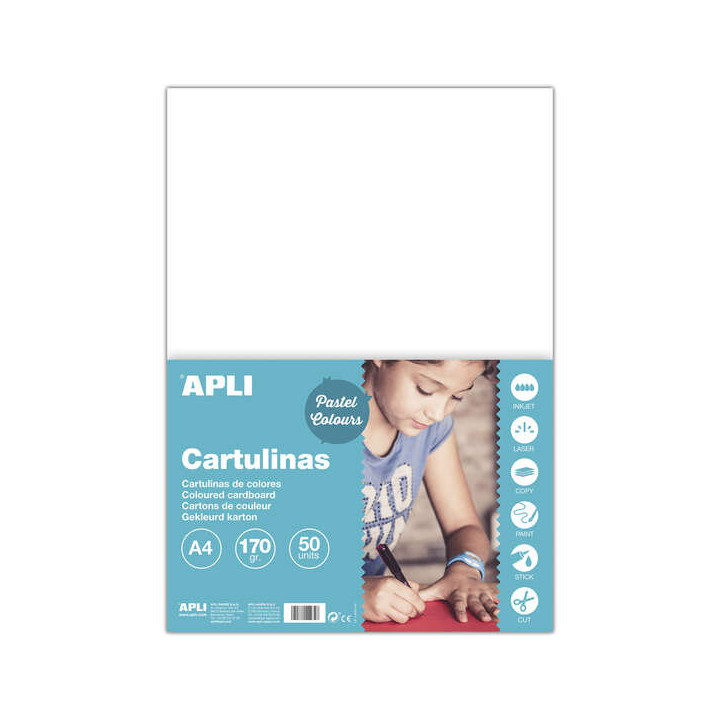 Apli Pack de 50 Cartulinas A4 170g - Libre de Acidos - Aptas para Uso Escolar - Color Blanco