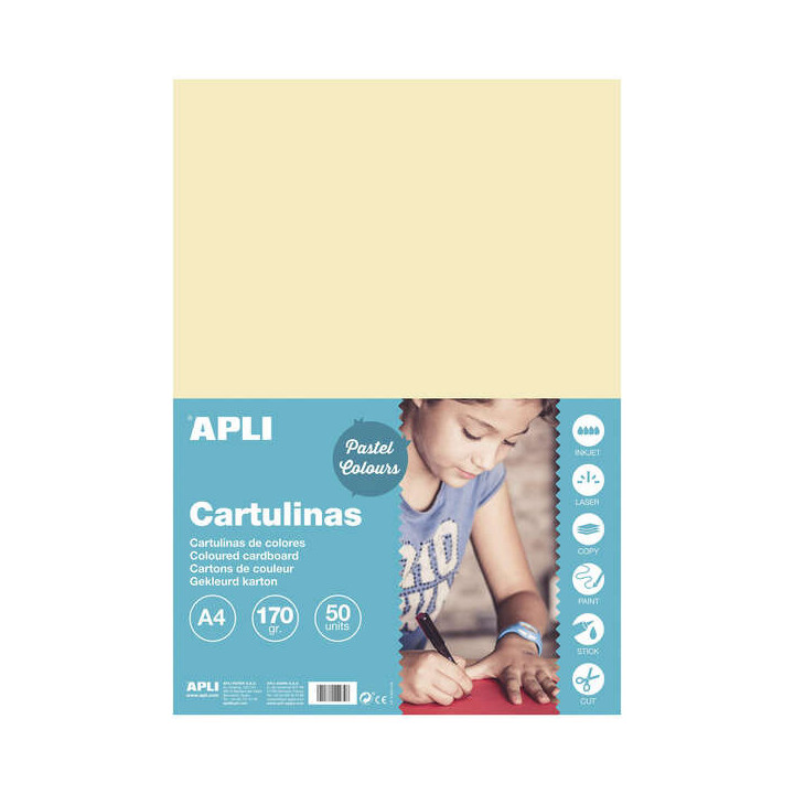 Apli Pack de 50 Cartulinas A4 170g - Libre de Acidos - Aptas para Uso Escolar - Color Marfil