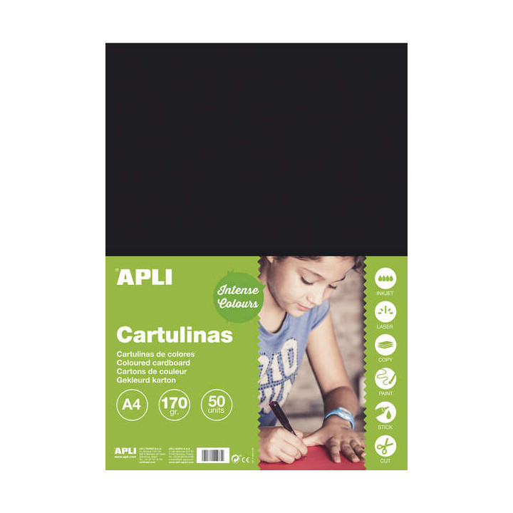 Apli Pack de 50 Cartulinas A4 170g - Color Negro