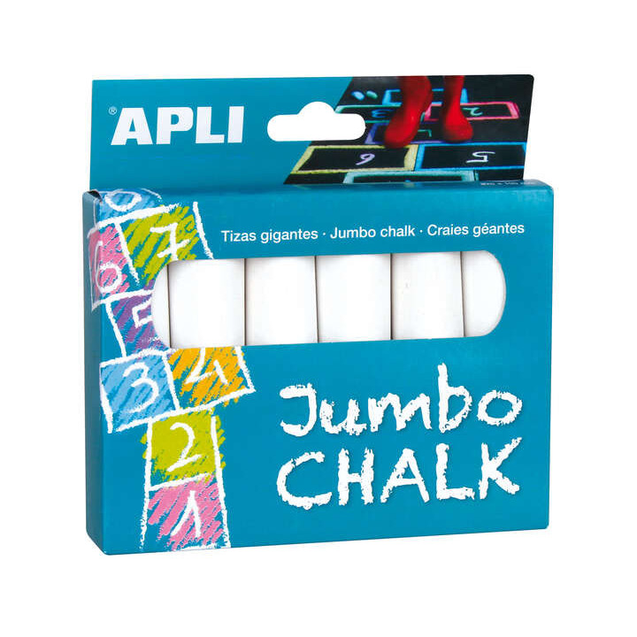 Apli Pack de 6 Tizas Redondas Jumbo - Tamaño Ø 25 x 105mm - Sulfato de Calcio Bajo en Residuo - Aptas para Uso Escolar - Colo