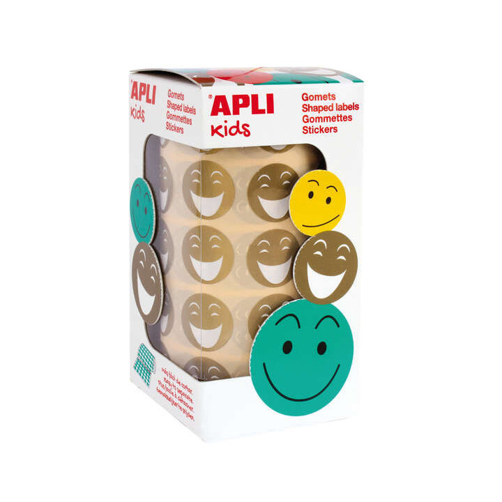 Apli Gomets Cara Feliz Dorados - Ø 20mm - Adhesivo Removible - 900 Unidades por Rollo