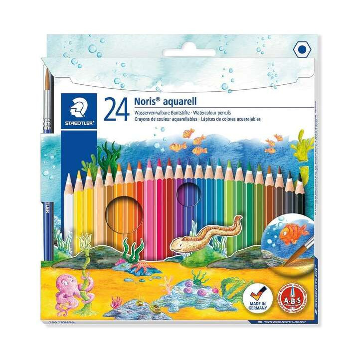 Staedtler Noris Aquarell Pack de 24 Lapices Hexagonales de Colores + Pincel - Madera de Bosques Sostenibles - Colores Surtidos