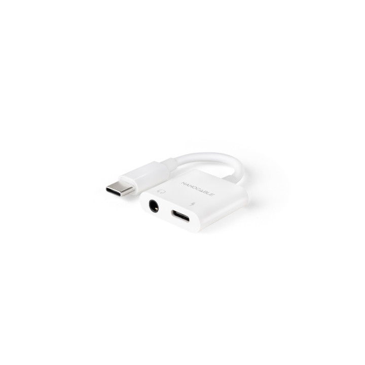 Nanocable Conversor USB-C a Audio 48KHz - USB-C/M-1xJACK 3.5/H + USB-C/H PD 60W - 11.5cm - Color Blanco