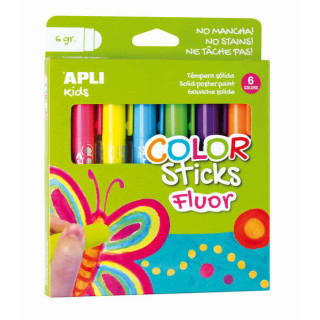 Apli Color Sticks Temperas Solidas Fluorescentes - Pack 6 Unidades de 6g - Acabado Satinado sin Necesidad de Barniz - Secado Ra