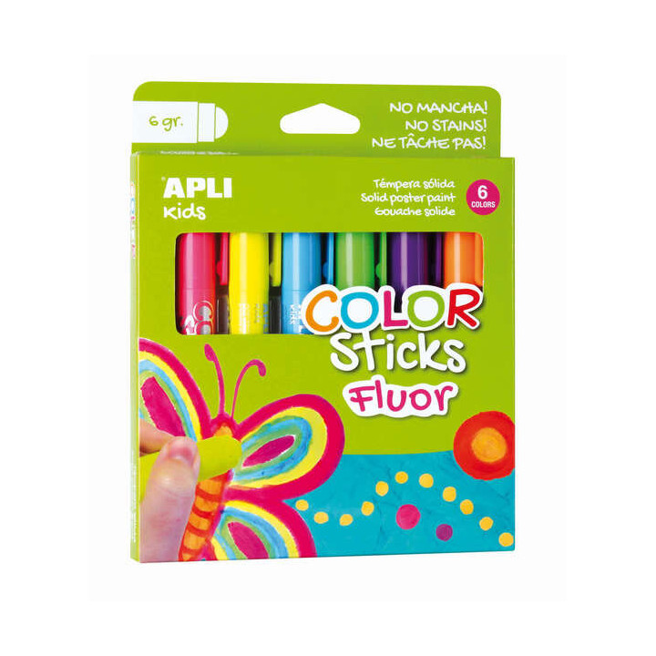 Apli Color Sticks Temperas Solidas Fluorescentes - Pack 6 Unidades de 6g - Acabado Satinado sin Necesidad de Barniz - Secado Ra