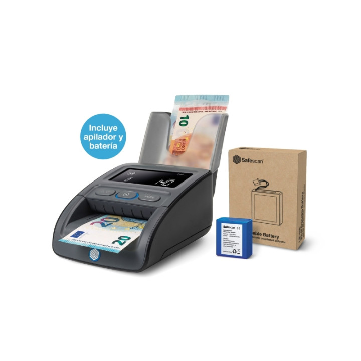 Safescac 155-S Pack de Detector Automatico de Billetes Falsos - Bateria y Apilador Incluidos - Verifica