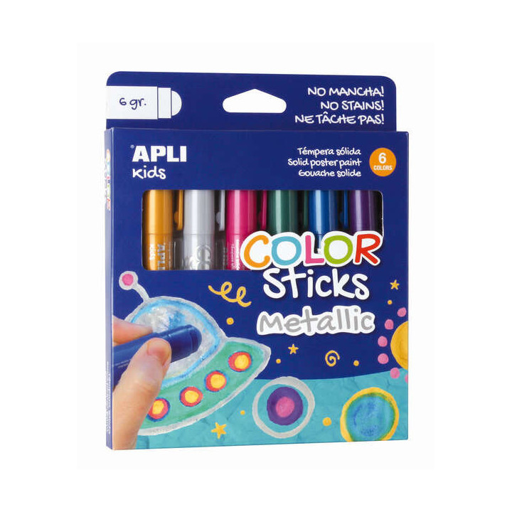 Apli Color Sticks Temperas Solidas - Pack de 6 Unidades de 6g en Colores Metalizados - Acabado Satinado sin Necesidad de Barniz
