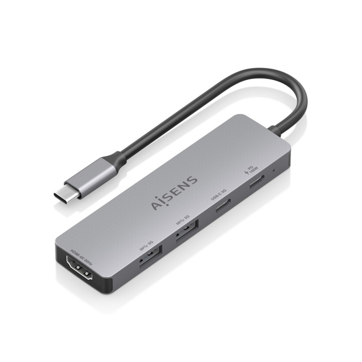 Aisens USB-C Dock 5 en 1 - USB-C a 1xHDMI - 2xUSB-A - 1xUSB-C - 1xUSB-C PD 100W - 15cm - Color Gris