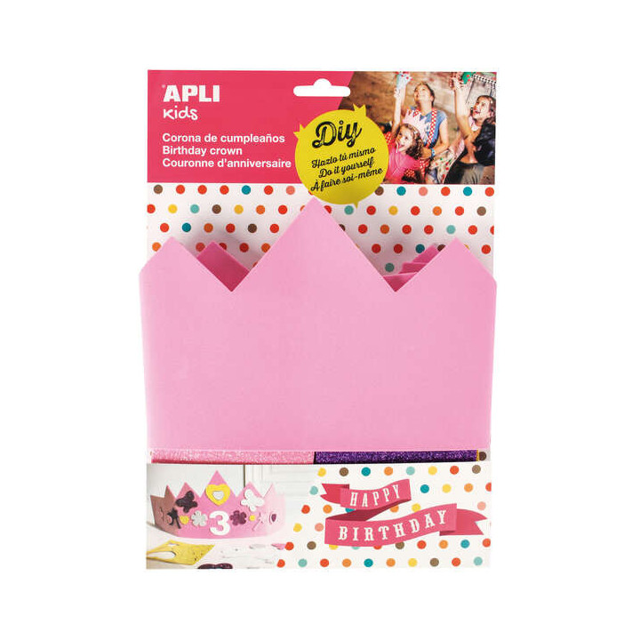 Apli Kids Corona de Cumpleaños de Goma EVA - Incluye Numeros Adhesivos del 0 al 9 y 24 Formas de Goma EVA Adhesiva con Purpuri