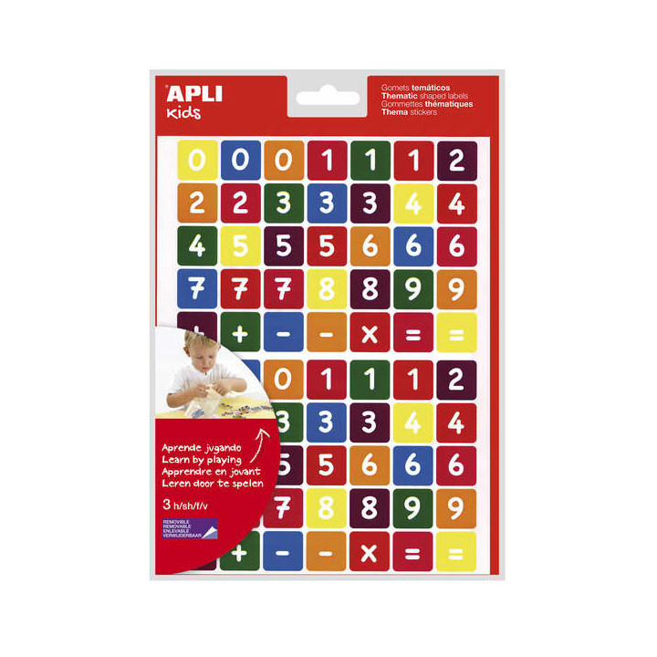 Apli Bolsa de Gomets Tematicos los Numeros - 210 Gomets en 3 Hojas - Adhesivo Removible - Aprendizaje de Numeros y Calculo Ment
