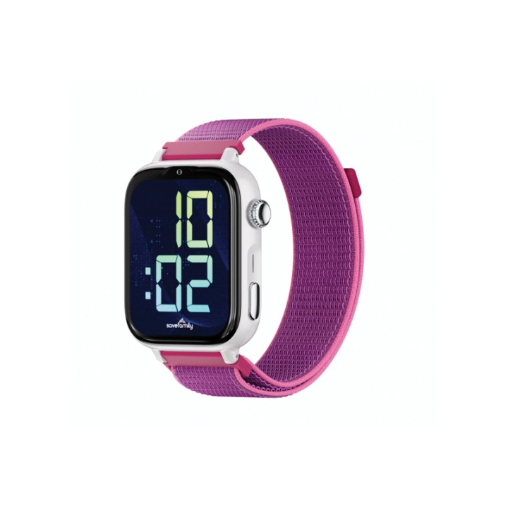 Savefamily Reloj Inteligente Infantil SaveWatch Plus 2 - Pantalla Amoled - Carcasa Blanca - Correa Tela Frambuesa