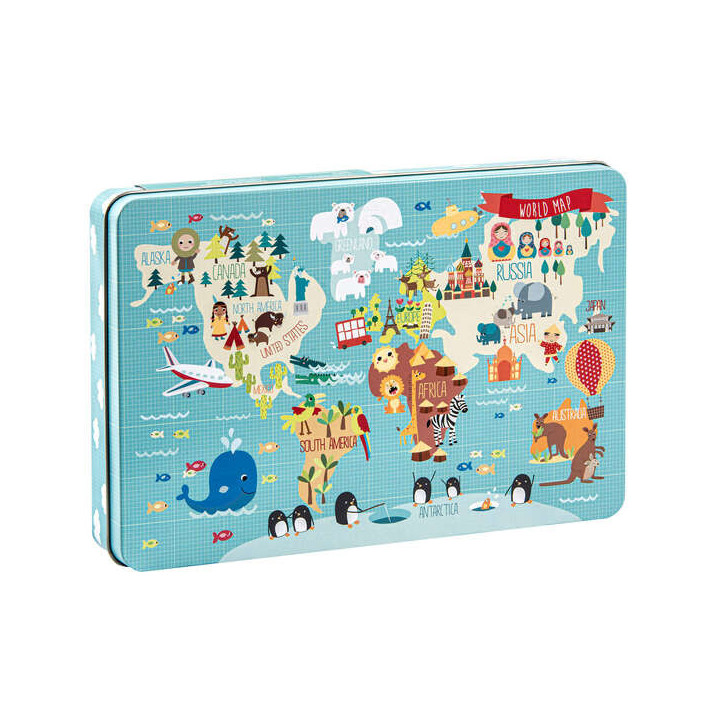 Apli Kids Puzle Mapamundi - 24 Piezas de 8x8mm - Caja Metalica Rectangular - Diseño Exclusivo de Martina Hogan - Facil Manejo