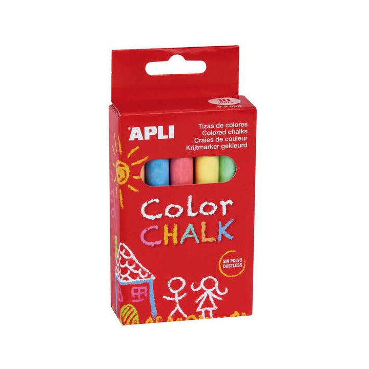 Apli Tizas Redondas de Colores Surtidos - Pack de 10 Tizas de Ø 9 x 80mm - sin Polvo - Ideales para Escribir