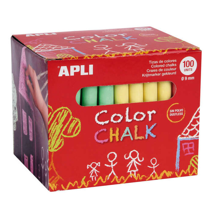 Apli Pack de 100 Tizas Redondas de Colores Surtidos Ø 9 x 80mm - Sin Polvo - Ideales para Escribir