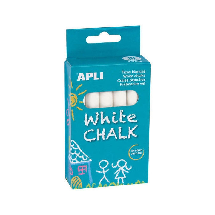 Apli Pack de 10 Tizas Blancas Redondas - Tamaño Ø 9 x 80mm - Bajo en Residuo y sin Polvo - Ideal para Escribir