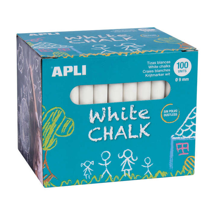 Apli Tizas Blancas Redondas - Pack de 100 Unidades Tamaño Ø 9 x 80mm - Ideales para Escribir