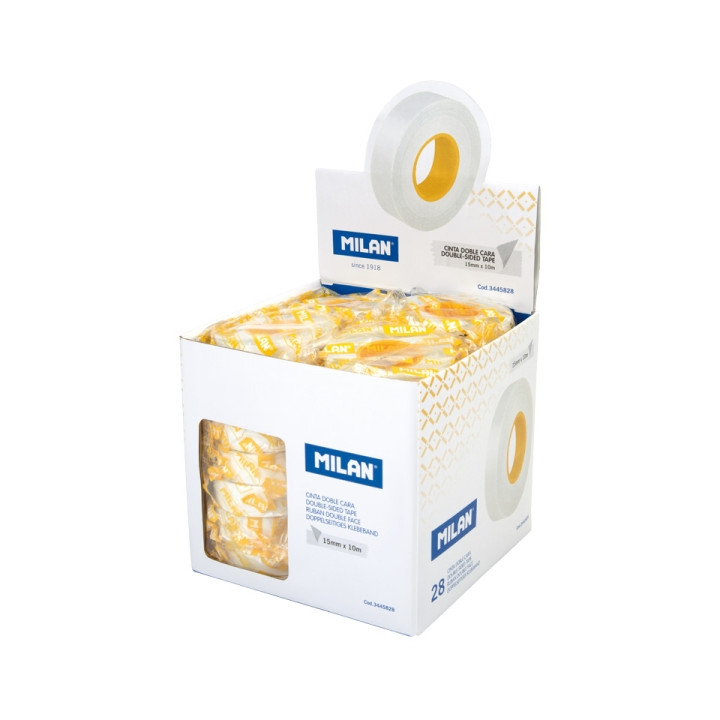 Milan Expositor con 28 Rollos Cinta Adhesiva de Doble Cara - 15mm x 10m - Color Transparente