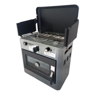 Muvip Cocina de Gas con 2 Fuegos - Tapa Protectora - Horno de 15 Litros - Sistema de Seguridad - Pantalla Paraviento - 49x34x45