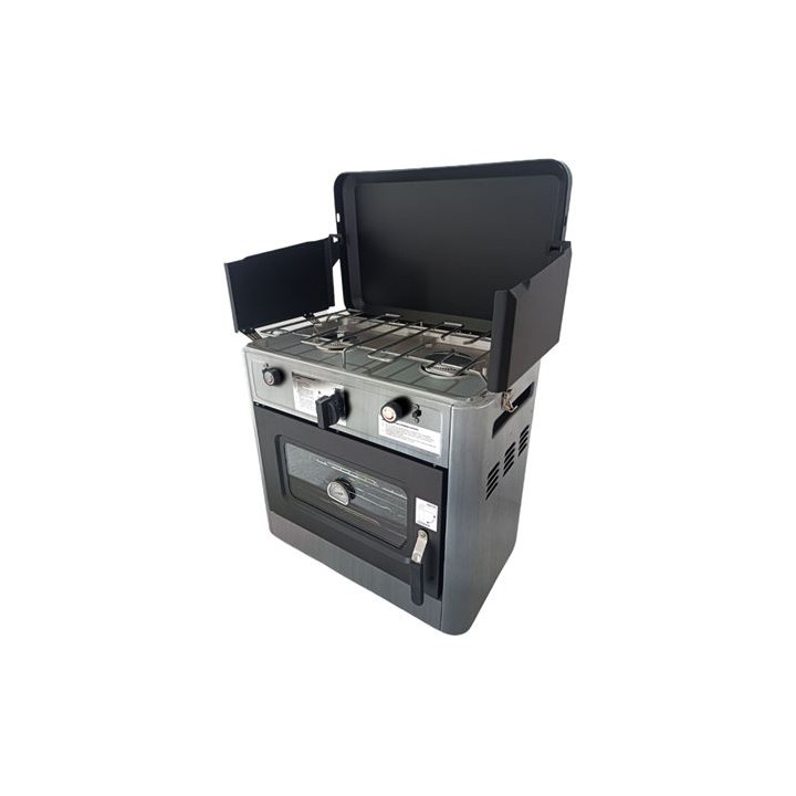 Muvip Cocina de Gas con 2 Fuegos - Tapa Protectora - Horno de 15 Litros - Sistema de Seguridad - Pantalla Paraviento - 49x34x45