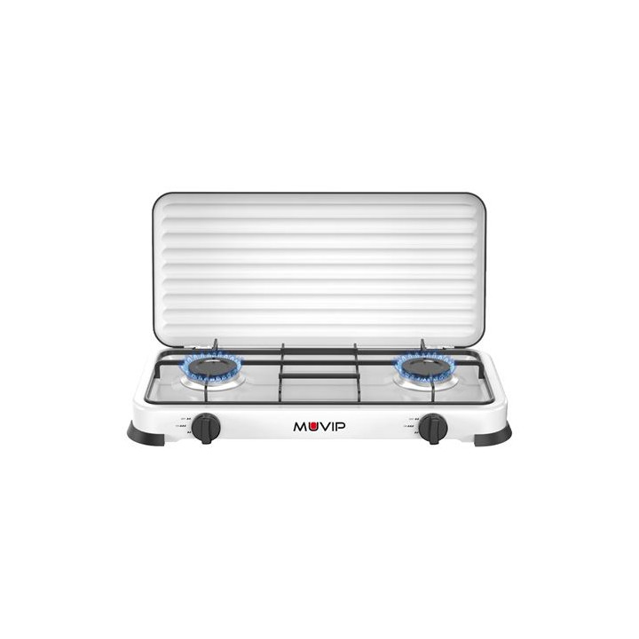 Muvip Vulcano Cocina de Gas con 2 Fuegos - Tapa Protectora - Patas de Goma - Superficie Esmaltada - Quemador Extraible - 57.7x2