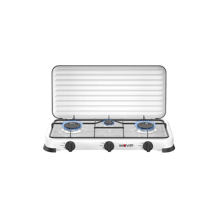 Muvip Vulcano Cocina de Gas con 3 Fuegos - Tapa Protectora - Patas de Goma - Superficie Esmaltada - Quemador Extraible - 57.7x2