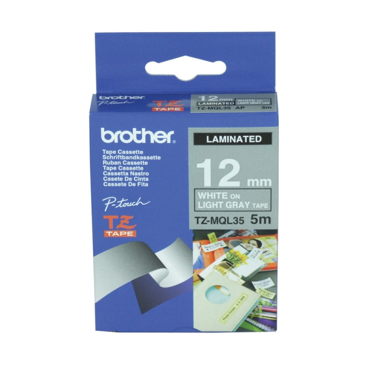 Brother TZEMQL35 Cinta Laminada Mate Original - Texto Blanco sobre Fondo Gris Claro - Ancho 12mm x 5 metros