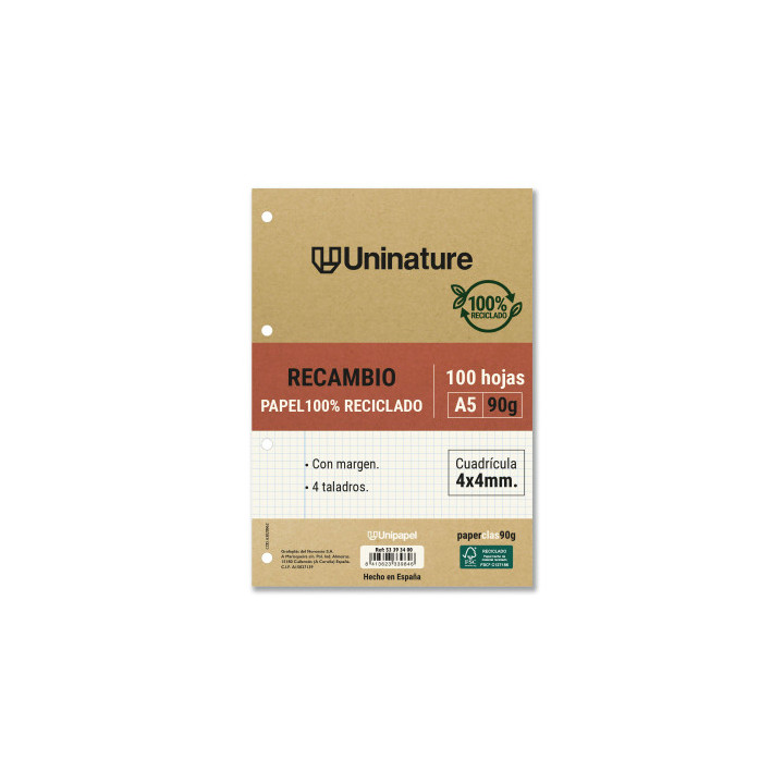 Recambio reciclado a5 100 hojas 90gr cuadricula 4x4 mm con taladros uninature 53393400
