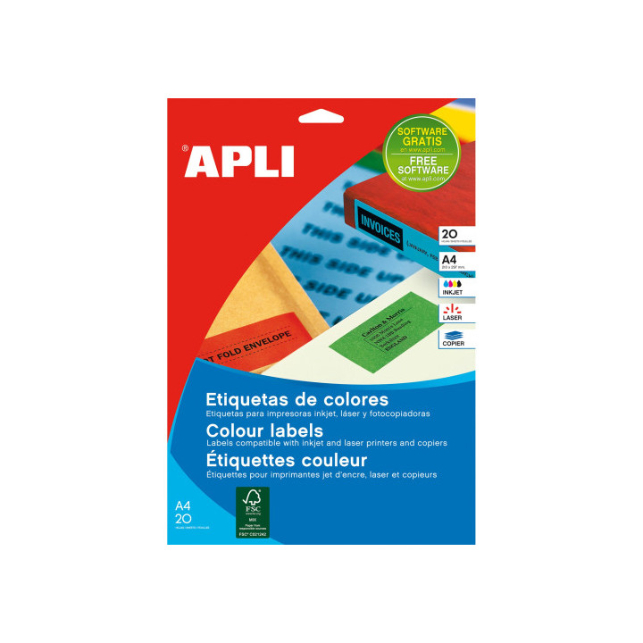 Pack 20 hojas (20 uds) etiquetas amarillas 210x297mm apli 1599