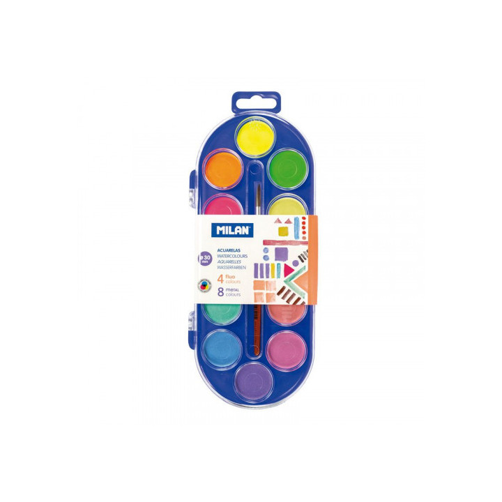 Estuche 12 pastillas acuarelas fluo y metal 30mm con pincel milan 531512