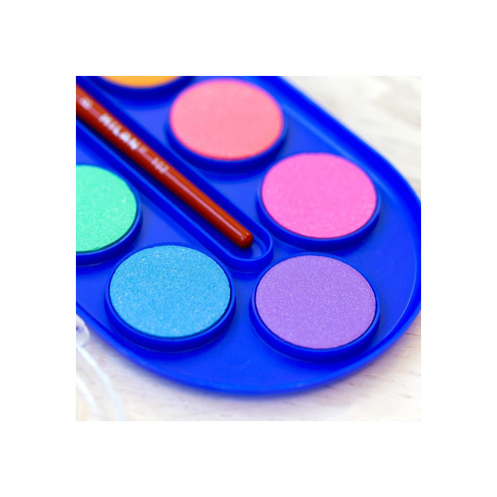 Estuche 12 pastillas acuarelas fluo y metal 30mm con pincel milan 531512