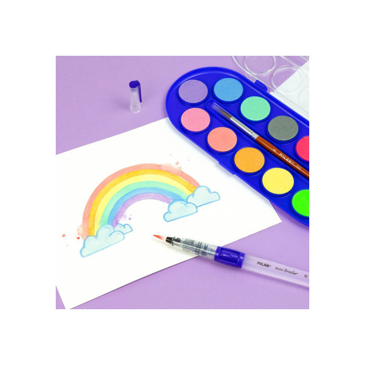 Estuche 12 pastillas acuarelas fluo y metal 30mm con pincel milan 531512