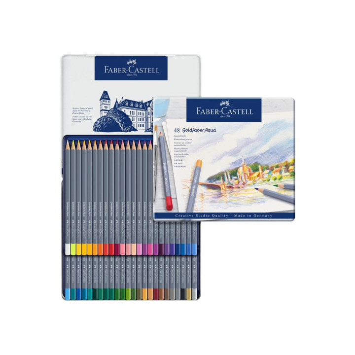 Estuche de metal con 48 lápices de colores acuarelables goldfaber. faber castell 114648