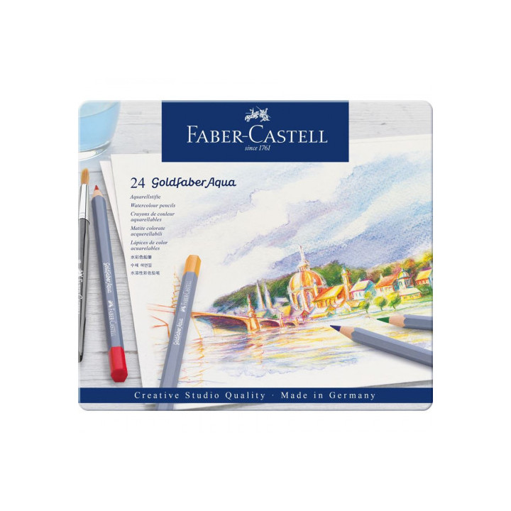 Estuche de metal con 24 lápices de colores acuarelables goldfaber. faber castell 114624