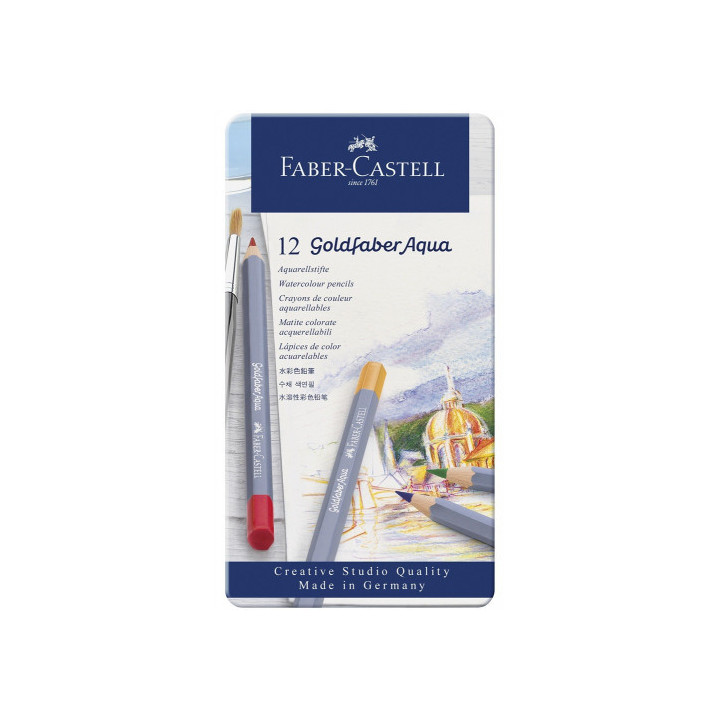 Estuche de metal con 12 lápices de colores acuarelables goldfaber. faber castell 114612