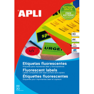Pack 20 hojas (20ud.) etiquetas rojo fluorescente permanentes 210