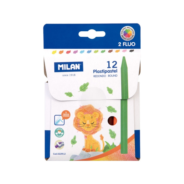 Milan Plastipastel Pack de 12 Ceras de Colores Redondas - Contiene 2 Ceras Fluo - Colores Surtidos