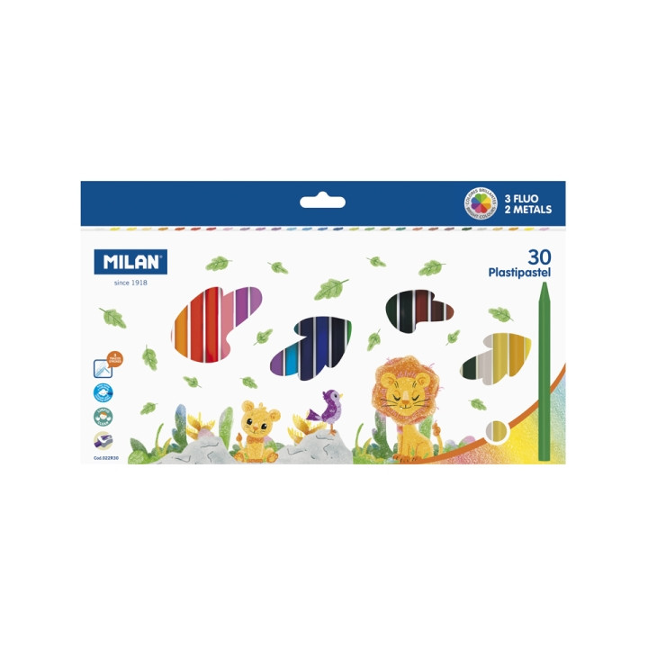 Milan Plastipastel Pack de 30 Ceras de Colores Redondas - Contiene 3 Ceras Fluo y 2 Metal - Colores Surtidos