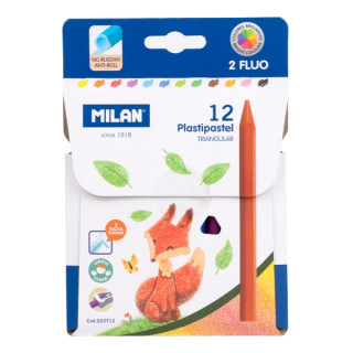 Milan Plastipastel Pack de 12 Ceras de Colores Triangulares - Contiene 2 Ceras Fluo - Colores Surtidos