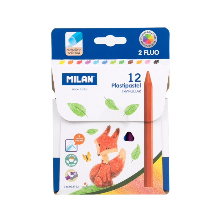 Milan Plastipastel Pack de 12 Ceras de Colores Triangulares - Contiene 2 Ceras Fluo - Colores Surtidos