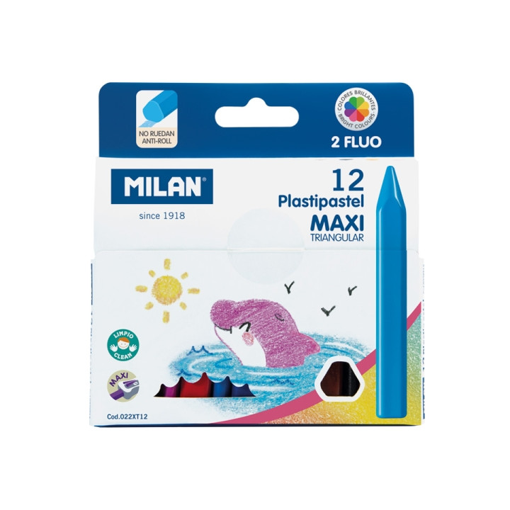 Milan Pastipastel Maxi Pack de 12 Ceras de Colores Triangulares - Contiene 2 Ceras Fluo - Colores Surtidos
